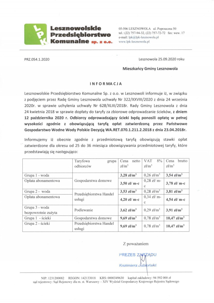 Informacja o zmianie taryfy
